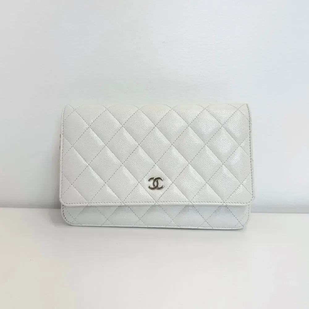 CHANEL White Caviar Leather Quilted Wallet On Chain Gold Hardware Flap Crossbody